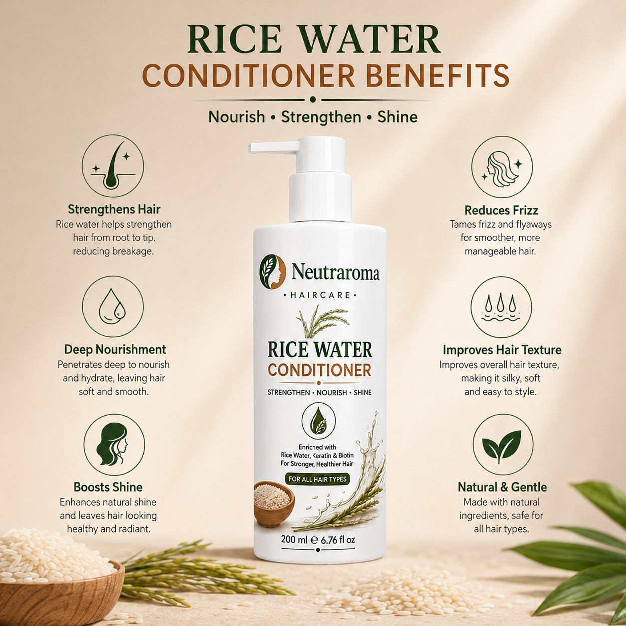 Powered by Rice Water, Hydrolyzed Keratin, Rosemary, Fenugreek, Shea Butter & Sunflower Oil to help nourish, smooth and strengthen your hair with every wash.